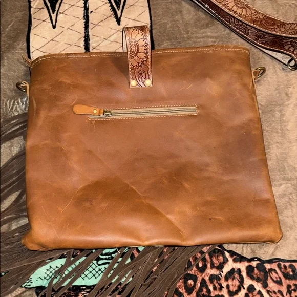 MYRA EUC Brown and Tan Fringe Leather Bag - Picture 7 of 9
